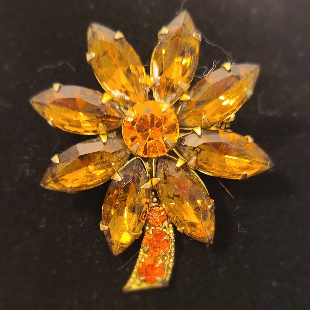 Vintage Flower Brooch Amber Color Stones